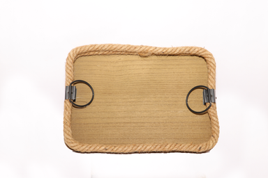 Brown Rectangular Wooden Tray With Rope Border and Round Handel's Large