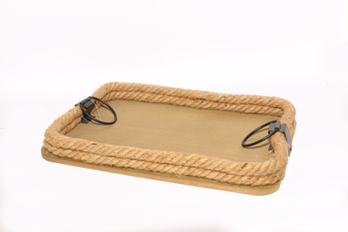 Brown Rectangular Wooden Tray With Rope Border and Round Handel's Large