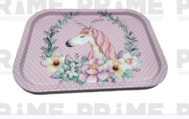 Pink Polka Dot Rectangulr Unicorn Metal Tray