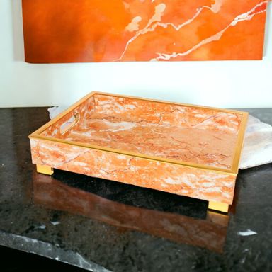 Brown Rectangular Marble Design Printed Wooden Tray Large