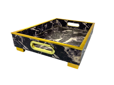 Black Rectangular Glossy Marble Printed Wooden Tray Small