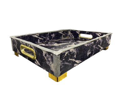 Black Rectangular Glossy Marble Printed Wooden Tray Large