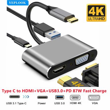 CONVERSOR 5 EM 1 ( USB-C HDMI 4K + VGA + USB + USB-C )