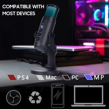 Microfone USB Desktop, Microfone para Podcast, Microfone para Jogos de PC, Redução de Ruído Perceptível Iluminação RGB