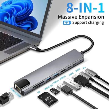 Adaptador USB-C 8 Em 1 ( HDMI, RJ45, USB 3.0 e USB TIPO-C )