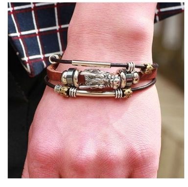 Bracelet en cuir pour Hommes En Argent Tibétain Dragon Multi 