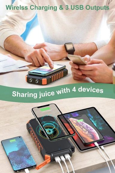 A ADDTOP 26800mAh Solar Power Bank, Wireless Fast Charger QC 3.0, 4 Outputs & Flashlight