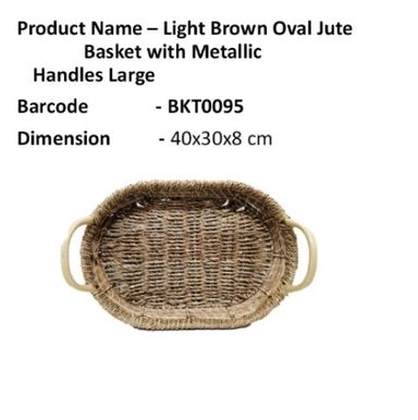 Light Brown Oval Jute Basket With Metallic Handles Large 36 x 26 x 8