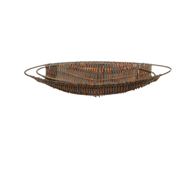 Brown Plastic Fiber Woven Oval Basket With Handles 40 X 23 X 8