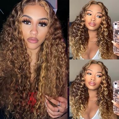 22" 13x4 HD Transparent lace Front Deep Wave Human Wig