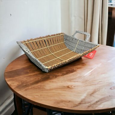 Rectangle Brown and Grey Rattan Basket with Handles 39x24x10