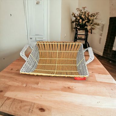 Rectangle Brown and Grey Rattan Basket with Handles 39x24x10