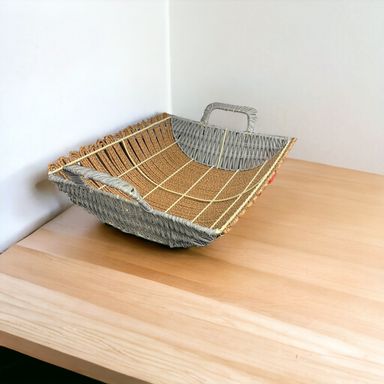 Rectangle Brown and Grey Rattan Basket with Handles 39x24x10