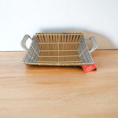 Rectangle Brown and Grey Rattan Basket with Handles 39x24x10