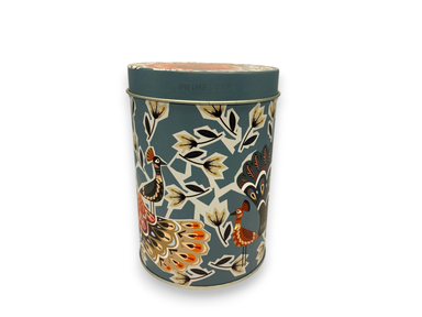 Blue Cylindrical Peacock Printed Metal Container With Lid