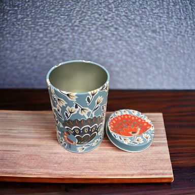 Blue Cylindrical Peacock Printed Metal Container With Lid