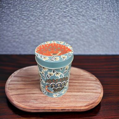 Blue Cylindrical Peacock Printed Metal Container With Lid