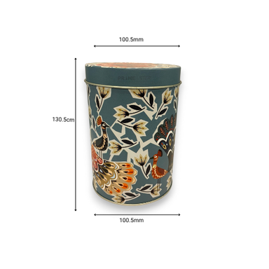 Blue Cylindrical Peacock Printed Metal Container With Lid