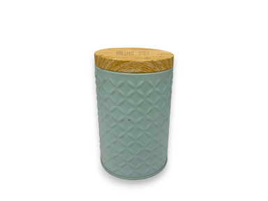 Blue Cylindrical Metal Box with Wooden Print Lid 100g