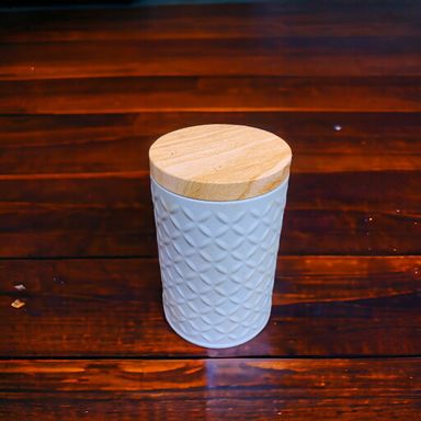 Blue Cylindrical Metal Box with Wooden Print Lid 100g