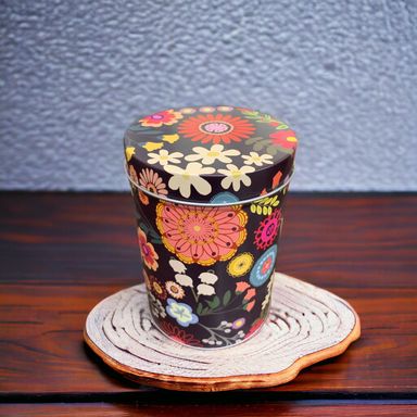 Black Cylindrical Floral Print Metal Container With Lid