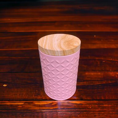 Pink Cylindrical Metal Box with Wooden Print Lid 100g