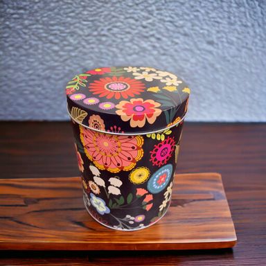 Black Cylindrical Floral Print Metal Container With Lid