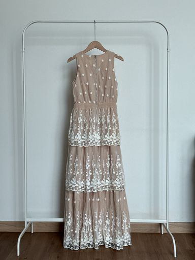 The Closet Lover Layered Lace Maxi Dress in Nude Colour