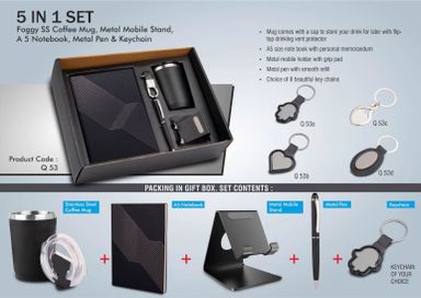 5 in 1 set: Foggy SS coffee mug, Metal pen, Metal mobile stand, A5 notebook and Keychain Black