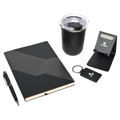 5 in 1 set: Foggy SS coffee mug, Metal pen, Metal mobile stand, A5 notebook and Keychain Black