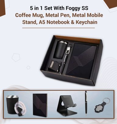 5 in 1 set: Foggy SS coffee mug, Metal pen, Metal mobile stand, A5 notebook and Keychain Black