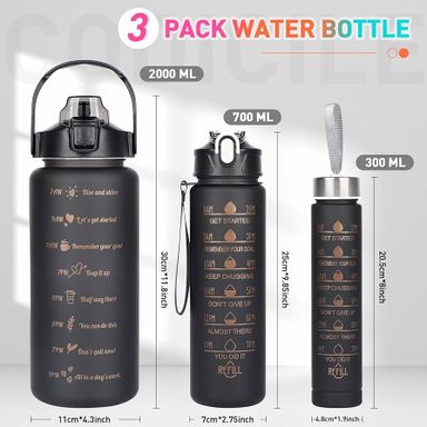 CodiCile Pack of 3 Drinking Bottles, 2 L, 700 ml, 300 ml, Leak-Proof, 2 Litre Drinking Bottle with Straw, BPA-Free Sports Bottle with Time Marking for Bike, Fitness, Hiking, Outdoor