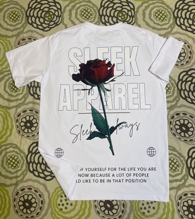 White street wear t-shirt featuring a rose design 