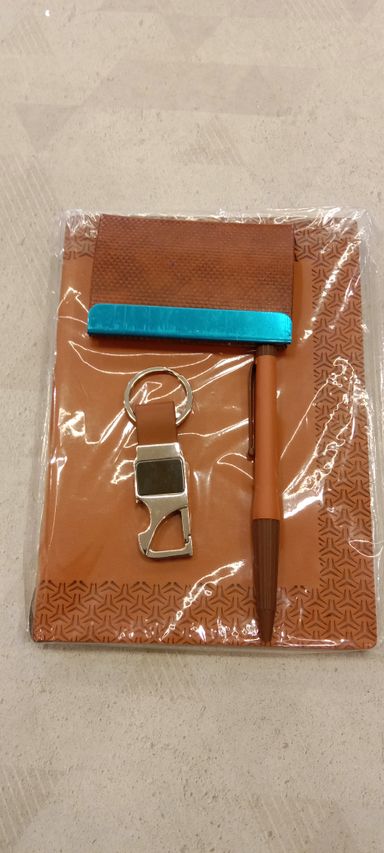 Compact 4 pc Tan gift set: A5 size Notebook, Metal pen, Metal PU Keychain, Metal Card Holder Tan