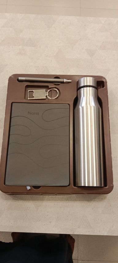 4 in 1 Gray set: Metal keychain, SS bottle, Metal Pen and A5 PU notebook in Kraft Gift Box Gray