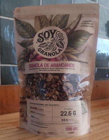 GRANOLA DE ARÁNDANOS x 500 GR (soja texturizada, avena, trigo sarraceno, arándanos, almendras, nueces, chocolate 70 % y mantequilla de maní)