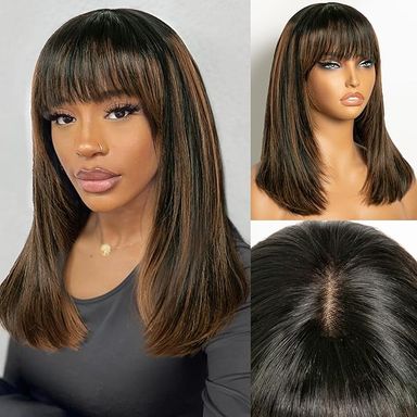 14" 4x2 Brown Highlights Glueless Bob Wig With Bang