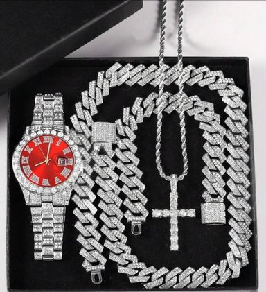 Ensemble De Bijoux Branché De 5 Pièces De Hip-hop Cadeau: Montre, Collier Pendentif Croix, Bracelet Chaîne