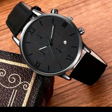 1pc geneva men's quartz watch,round alloy case,analog display,with date feature,PU leather strap,battery powered(button baattery),for valentine's, Easter,Ramadan,Birthday,Christmas Gifts