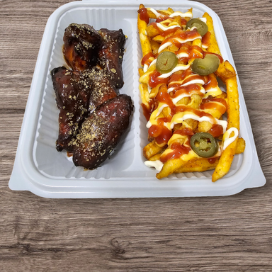 Honey BBQ Chicken Wings and Loaded Seasoned Fries 