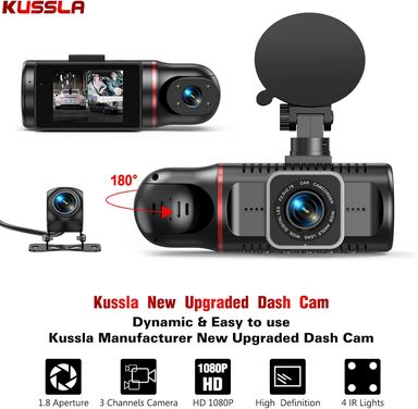 Kussla 3-Channel 1080P Dash Cam with 64GB Card Front, rear, and interior recording, super night vision, loop recording, G-sensor, WDR, and motion detection.