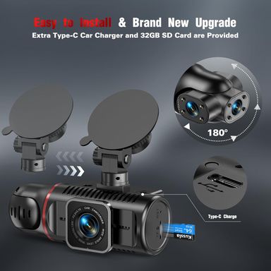 Kussla 3-Channel 1080P Dash Cam with 64GB Card Front, rear, and interior recording, super night vision, loop recording, G-sensor, WDR, and motion detection.