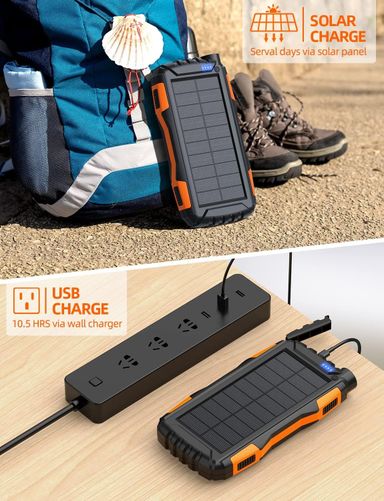 Power-Bank-Solar-Charger - 42800mAh Power Bank,Portable Charger,External Battery Pack 5V3.1A Qc 3.0 Fast Charging Built-in Super Bright Flashlight (Orange)