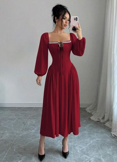 Long Square Neck Front Center Ribbon Decor Princess Seam Design Long Sleeve Dress  