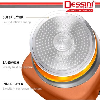 DESSINI ITALY Zero Fat 4 Pcs Aluminium Induction Non Stick Copper Casserole Pot Bowl Deep Frying Pan Basket + Steamer