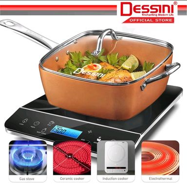 DESSINI ITALY Zero Fat 4 Pcs Aluminium Induction Non Stick Copper Casserole Pot Bowl Deep Frying Pan Basket + Steamer