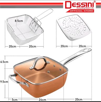 DESSINI ITALY Zero Fat 4 Pcs Aluminium Induction Non Stick Copper Casserole Pot Bowl Deep Frying Pan Basket + Steamer