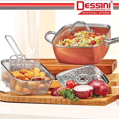 DESSINI ITALY Zero Fat 4 Pcs Aluminium Induction Non Stick Copper Casserole Pot Bowl Deep Frying Pan Basket + Steamer