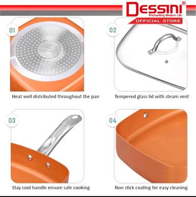 DESSINI ITALY Zero Fat 4 Pcs Aluminium Induction Non Stick Copper Casserole Pot Bowl Deep Frying Pan Basket + Steamer