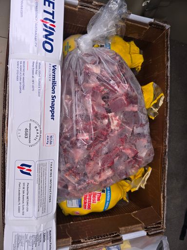 5 lbs oxtail 5 lbs goat 4 Chicken and 1 box of fish 